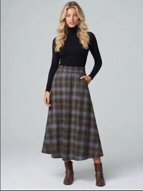 Blue & Brown Plaid A-Line Midi Skirt With Pockets